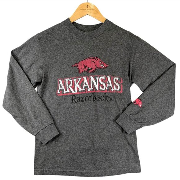 Arkansas Razorbacks T-Shirt Small Gray Cuffed Long Sleeve Woo Pig Sooie Hogs - Picture 1 of 11
